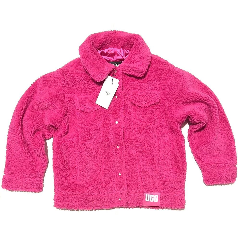 UGG Australia Frankie Plush Sherpa Fleece Trucker Jacket Sz XL Solferino Ht Pnk